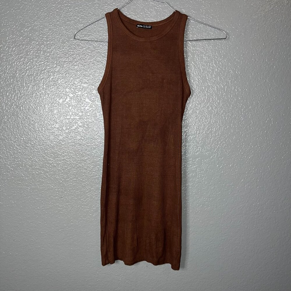 Bershka Brown Ribbed Sleeveless Bodycon Mini Dress - Size Small